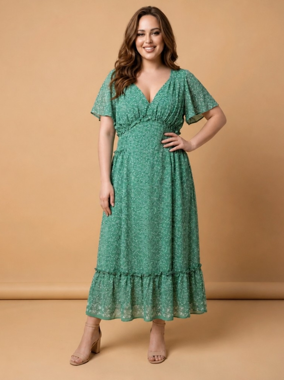 Max Studio Green V-Neck Ruffle-Hem Maxi Dress